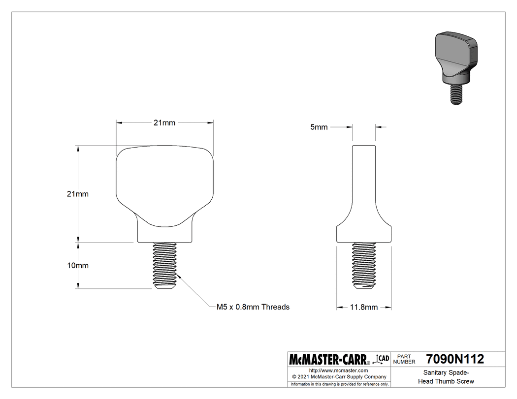 Technical Drawing of Sanitary Spade-Head Thumb Screw, M5 x 0.80 mm Thread Size, 10 mm Long.
